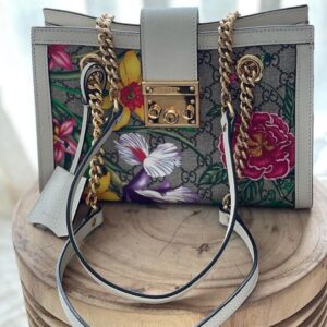 GUCCI Small GG Supreme Beige Canvas Monogram Flora Padlock Shoulder Bag With White Leather